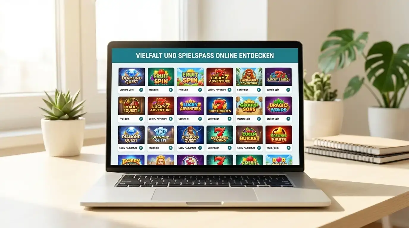 Laptop-Bildschirm zeigt Aggregator-Plattform mit Raster von Casino-Spielen, moderne helle Arbeitsumgebung, professionelles Setup