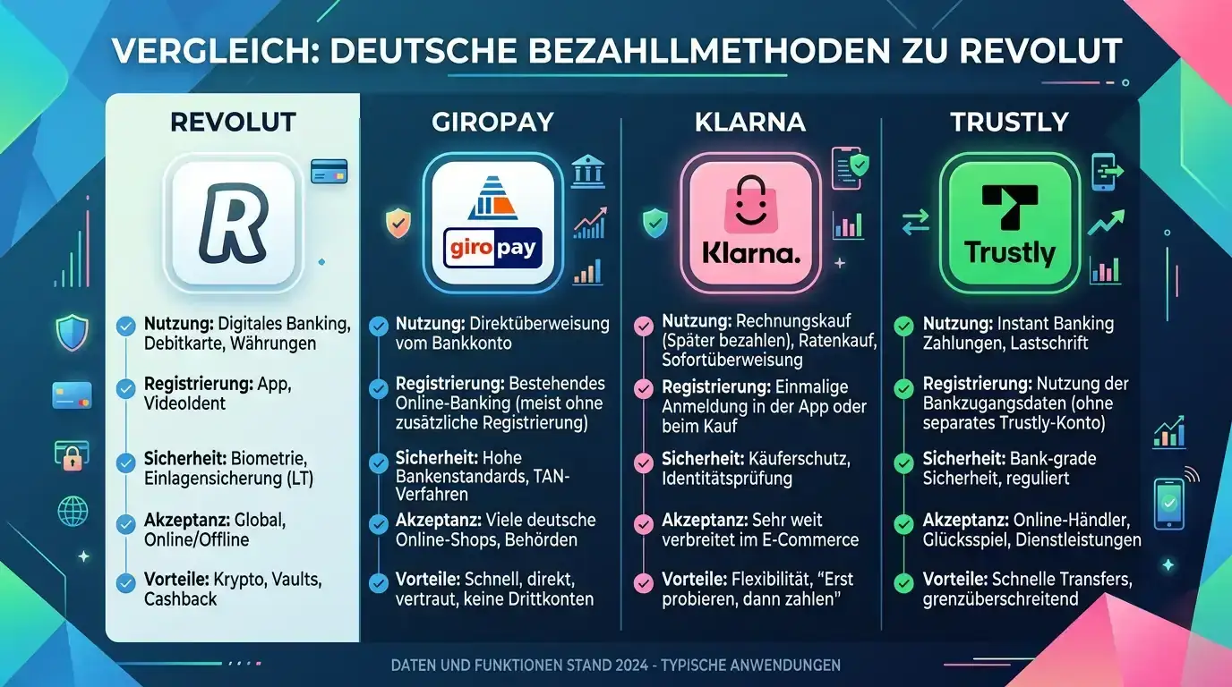 Vergleich deutscher Zahlungsalternativen zu Revolut mit Giropay, Klarna und Trustly