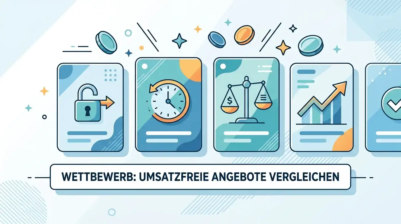 Anbietervergleich für umsatzfreie Boni mit Symbolen für Status, Lizenz und umsatzfreies Angebot