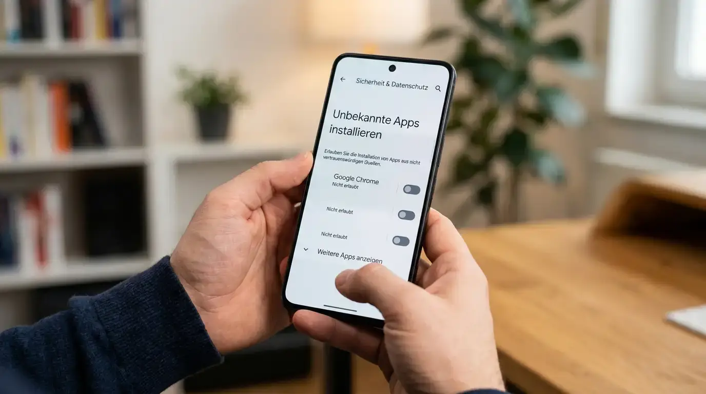 Android-Smartphone mit APK-Download und Einstellungen für unbekannte Quellen