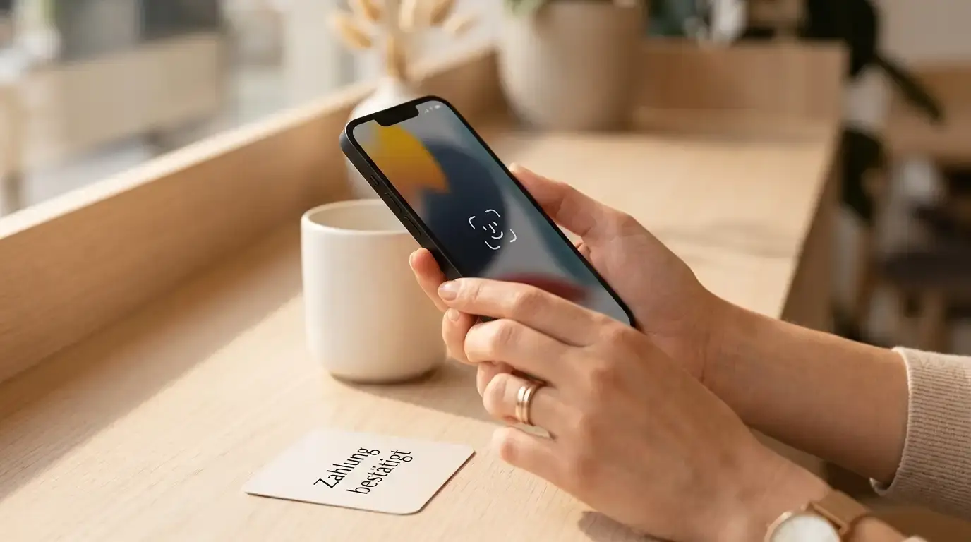 Nahaufnahme eines iPhones während der Gesichtserkennung bei Casino-Zahlung