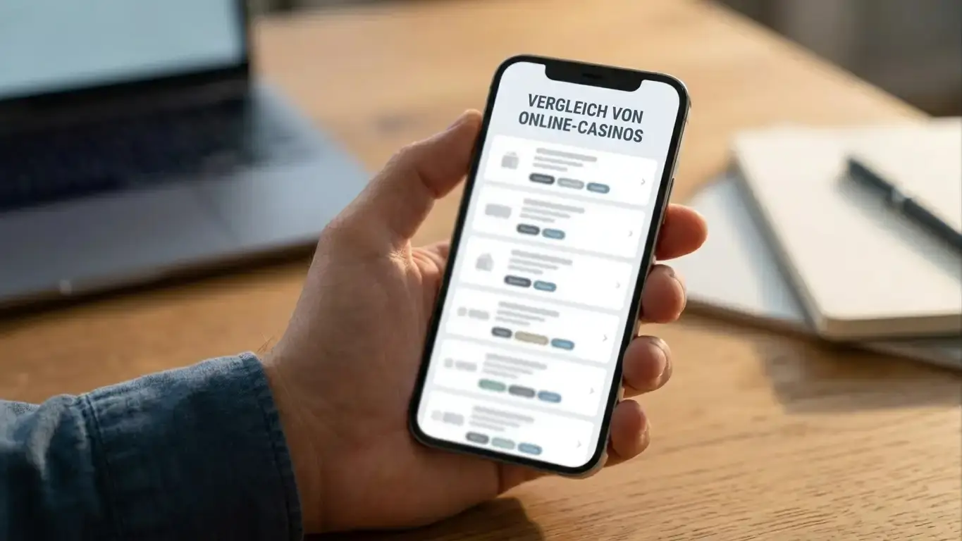 Vergleich der zehn besten ausländischen Casinos auf einem Smartphone, Finger scrollt durch die Anbieterliste