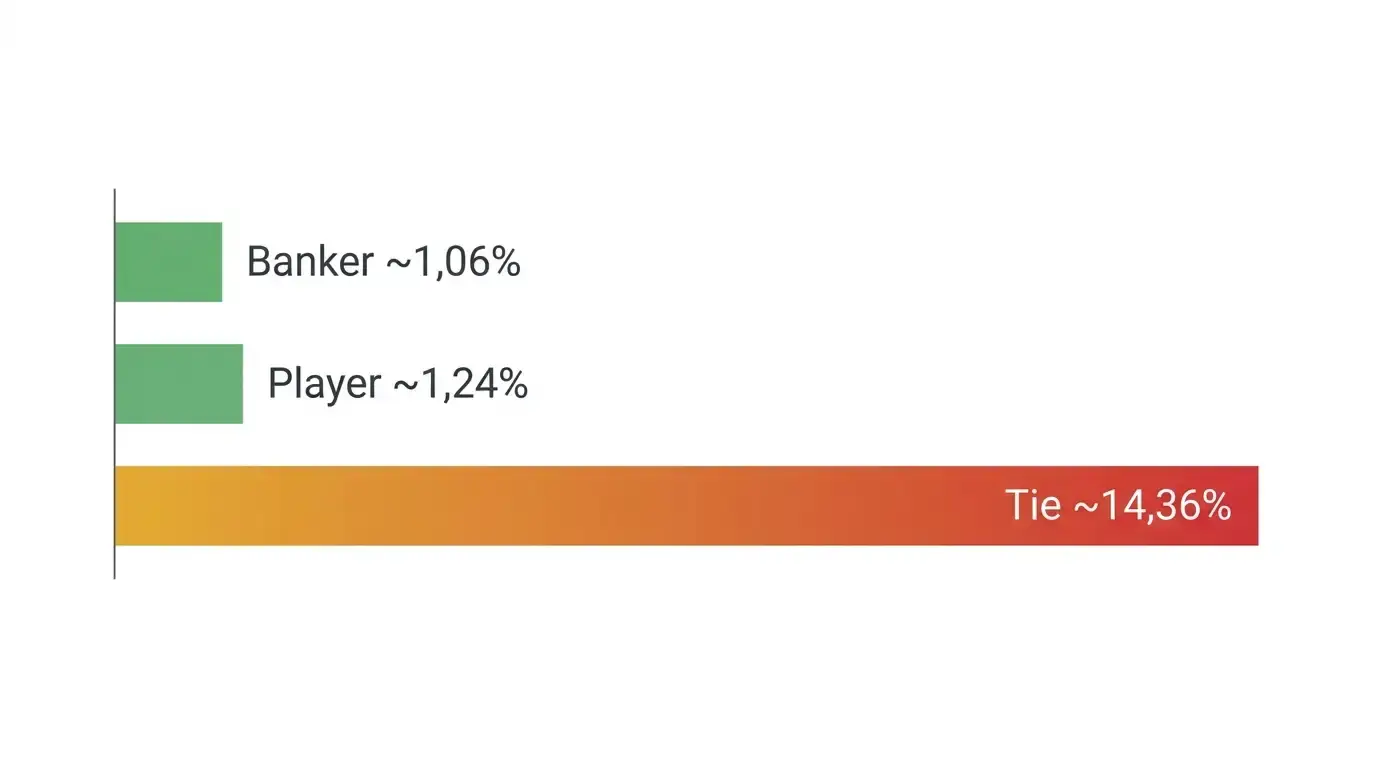 Waagerechtes Balkendiagramm zum Hausvorteil der drei Baccarat-Wetten Banker, Player und Tie