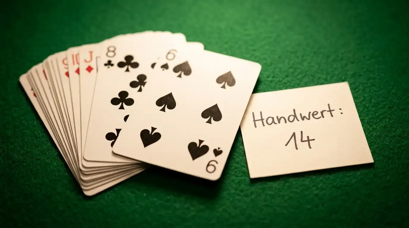 Nahaufnahme von Spielkarten auf grünem Filz mit Punktwerten für eine Baccarat-Hand