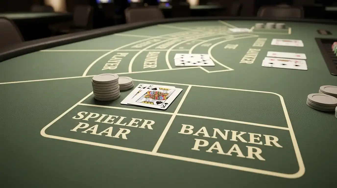 Baccarat-Tischfeld mit markierten Bereichen für die Paar-Nebenwetten und ausgeteilten Karten