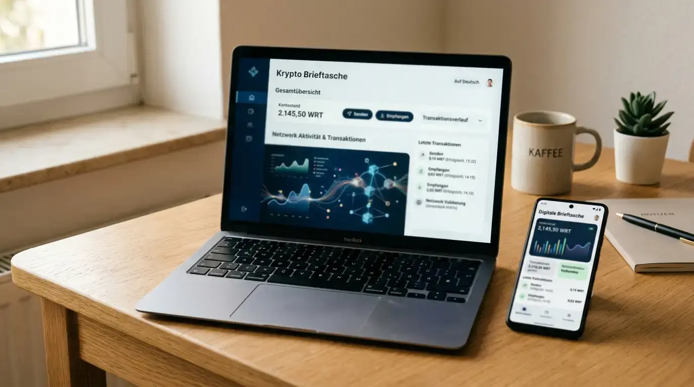 Laptop mit Krypto-Wallet-Interface und Blockchain-Visualisierung