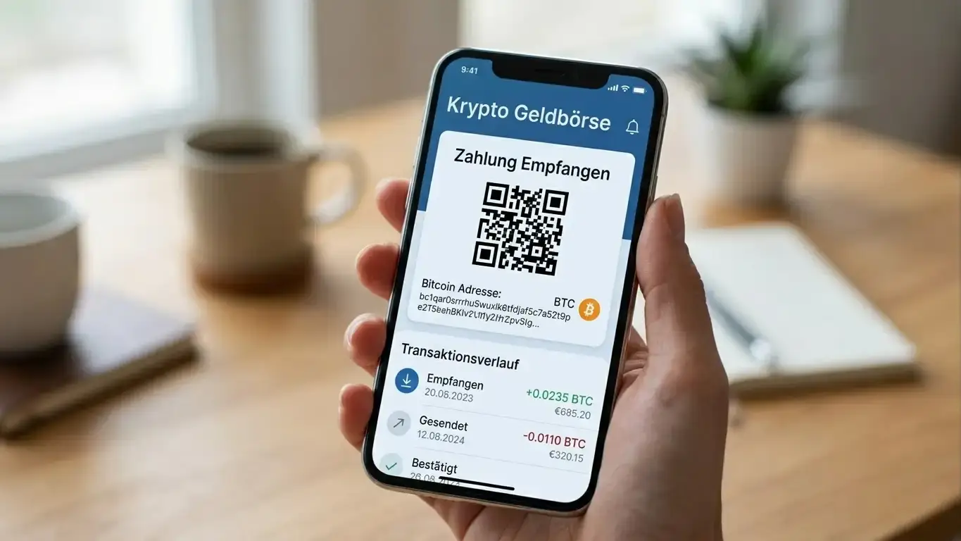Smartphone zeigt Wallet-App mit Bitcoin-Transaktionsübersicht und QR-Code für Casino-Einzahlung