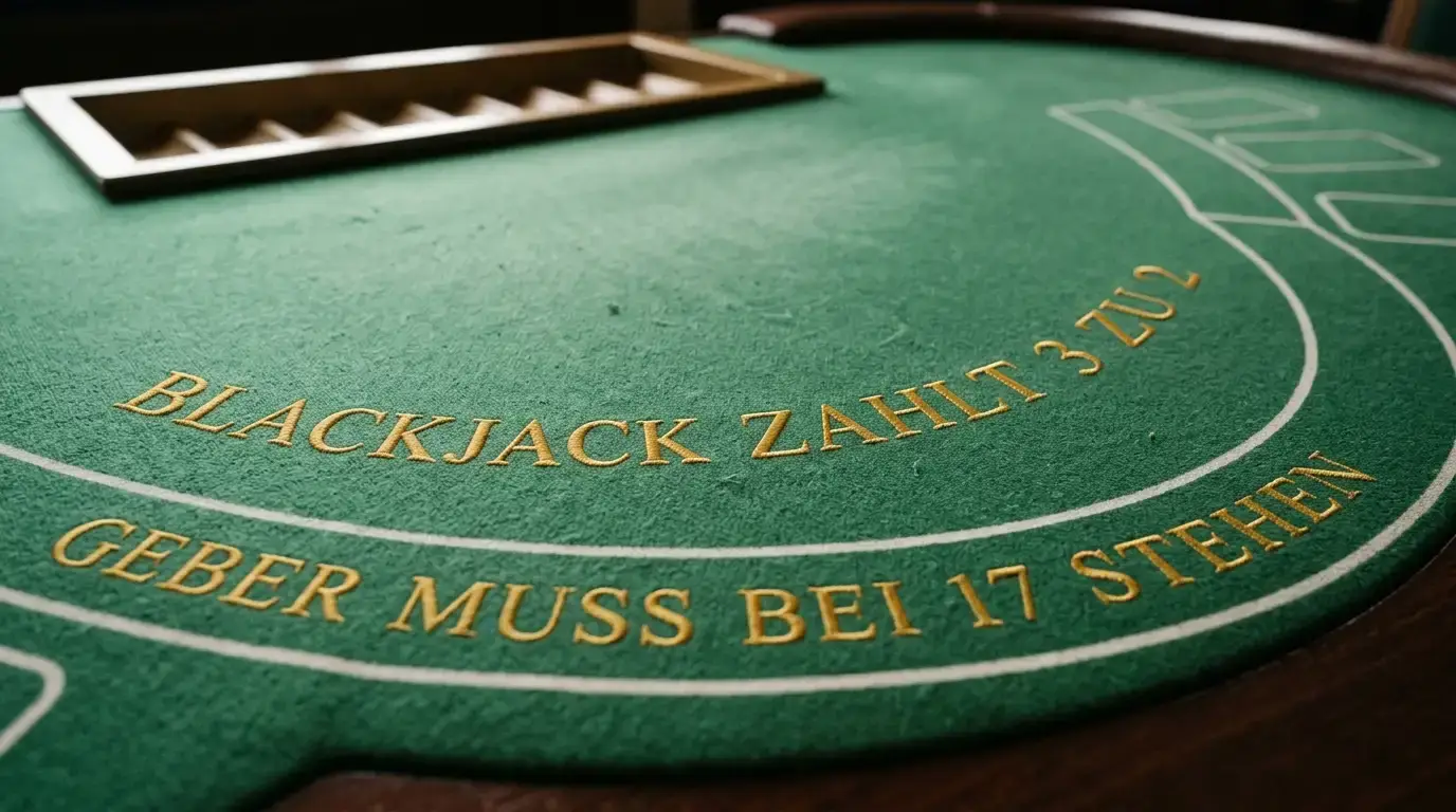 Blackjack-Tischfilz mit der aufgedruckten Auszahlungsregel und dem Hinweis, dass der Dealer bei 17 stehen bleibt