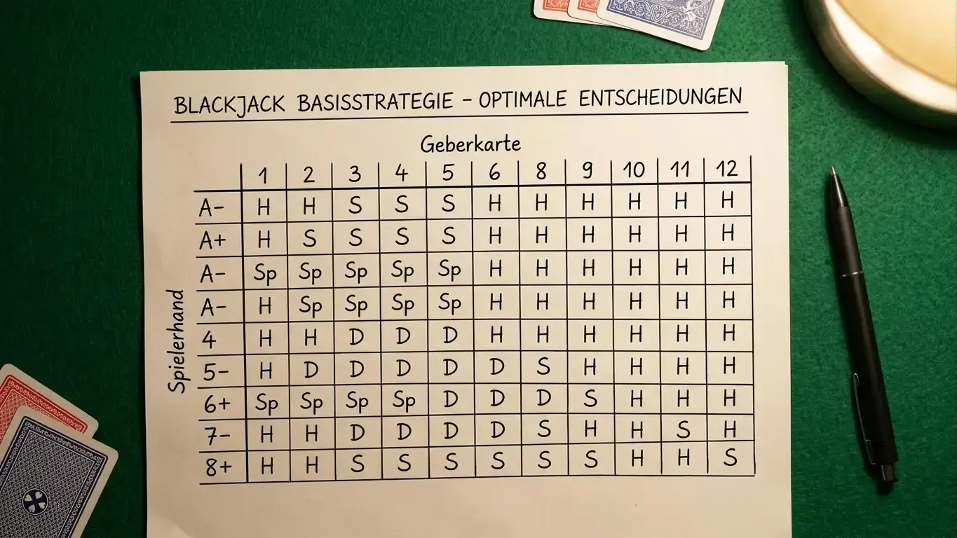 Handnotierte Basisstrategie-Tabelle für Blackjack neben Spielkarten auf einem Tisch