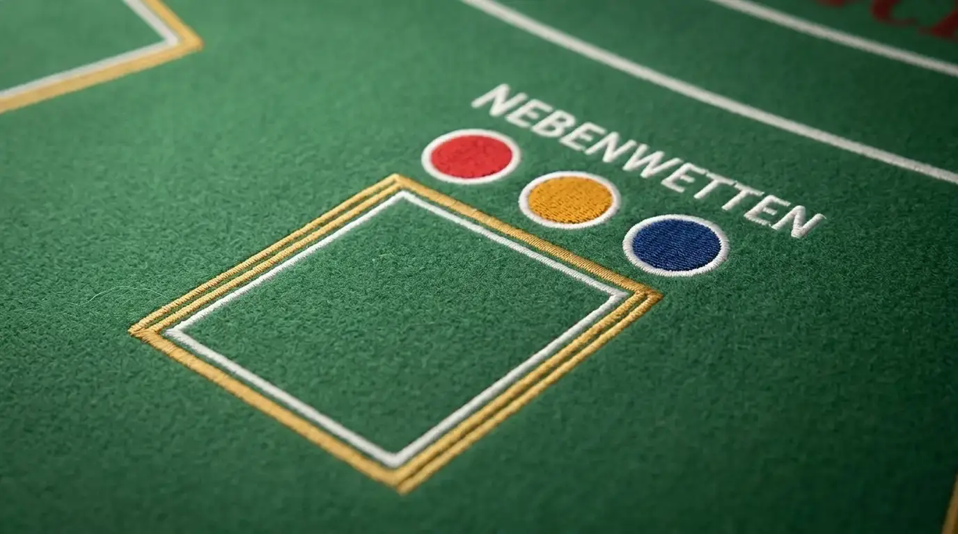 Blackjack-Tischfeld mit markierten Feldern für Nebenwetten neben dem Hauptspielfeld