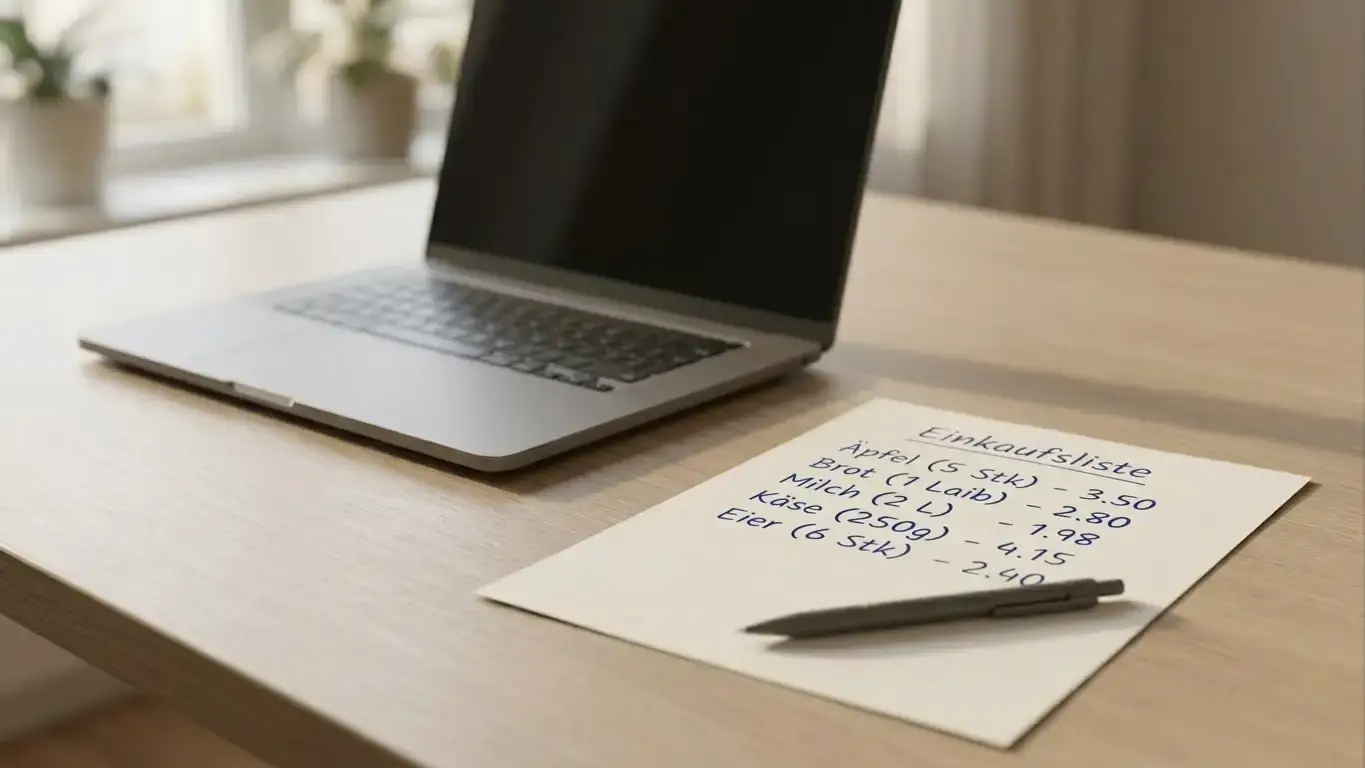 Ruhiger Schreibtisch mit Laptop und einem Blatt, auf dem eine schlichte Aufstellung von Guthabensummen liegt