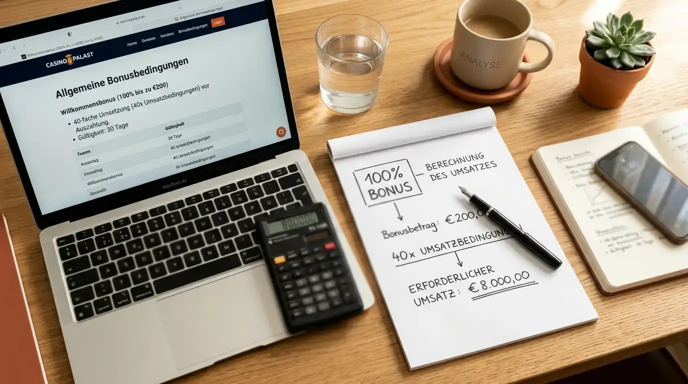 Schreibtisch mit Bonusunterlagen, Taschenrechner und Notizen zu Umsatzbedingungen