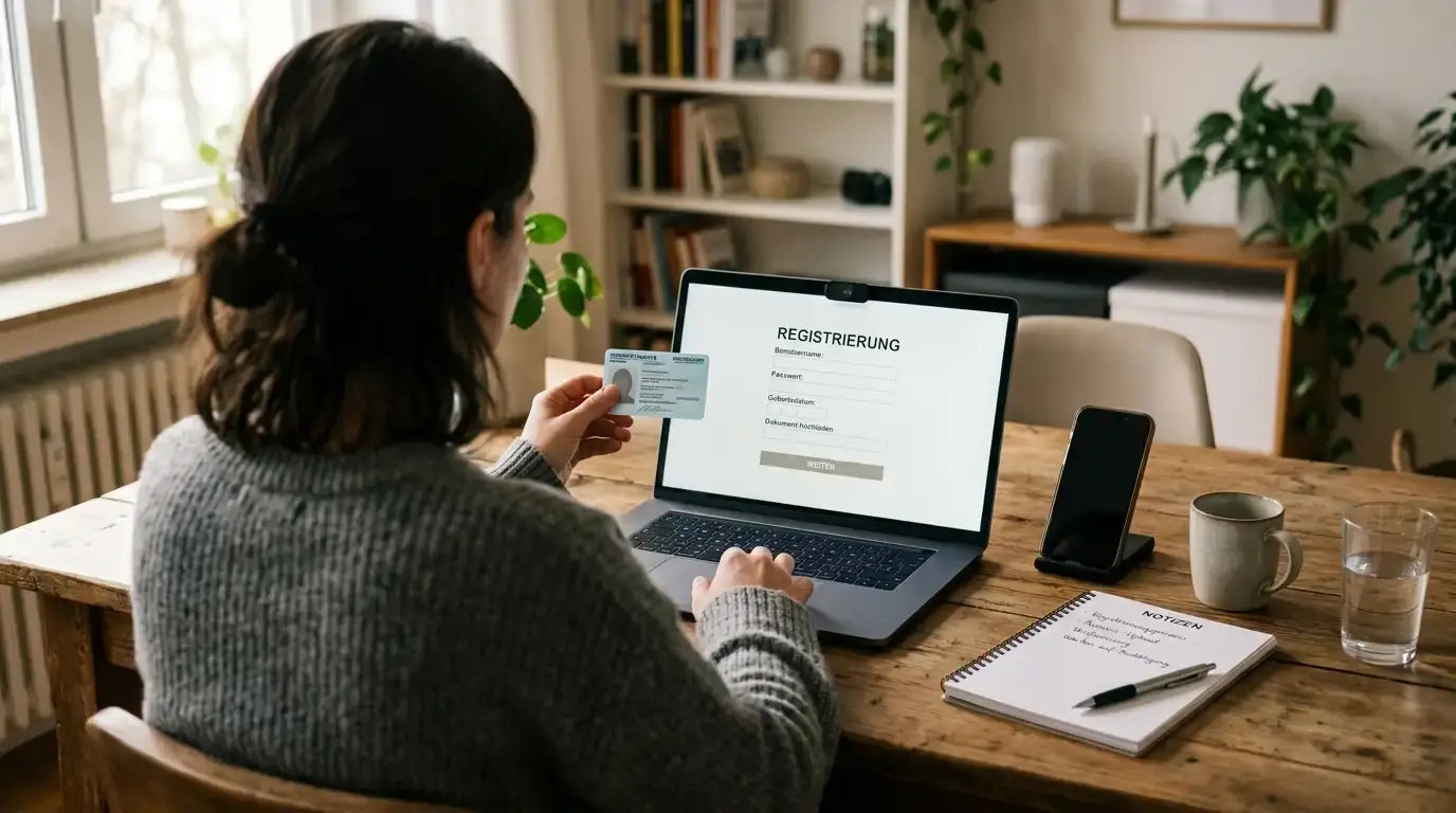 Person am Laptop bei der Registrierung mit Bonuscode und Ausweis für die Verifizierung