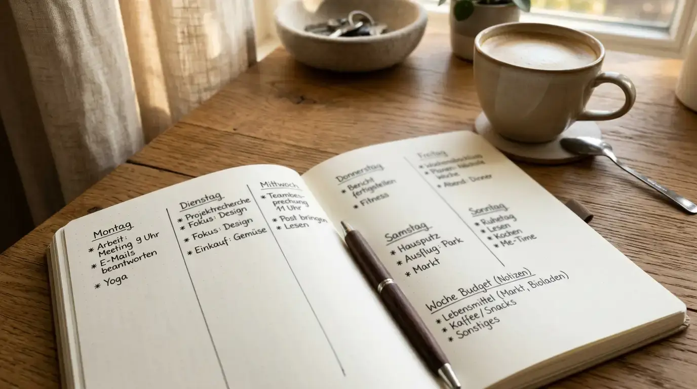 Handschriftliche Wochenplanung mit kleinen Budgetnotizen in einem Notizbuch neben einer Tasse Kaffee