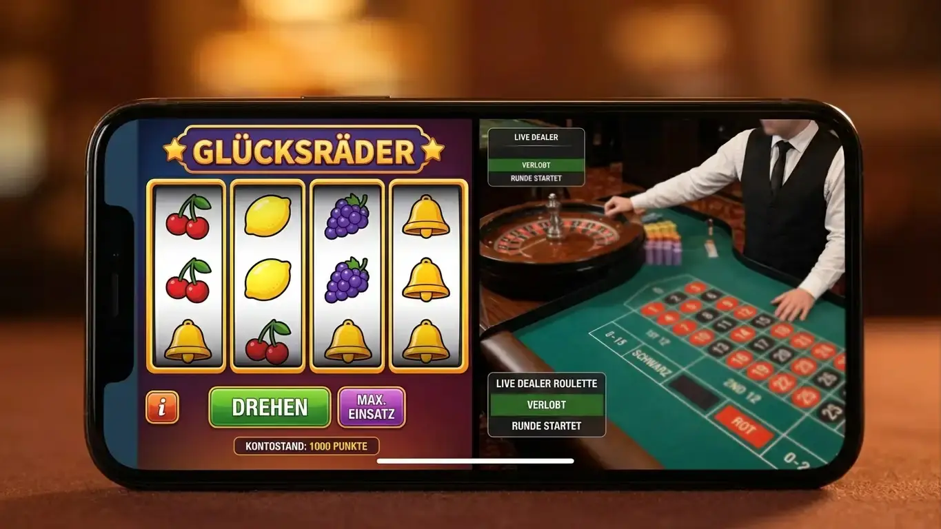 Smartphone mit Casino-Slots und Live-Dealer-Roulette-Interface