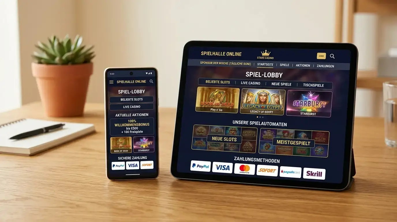 Smartphone und Tablet zeigen dieselbe Casino-Seite nebeneinander
