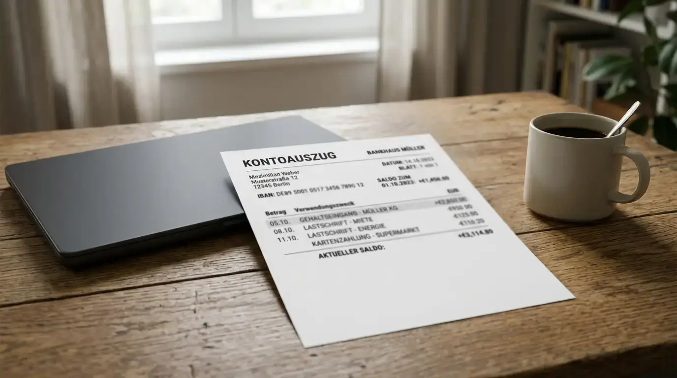 Kontoauszug und Laptop symbolisieren die Rücküberweisung von Casino-Gewinnen aufs Bankkonto