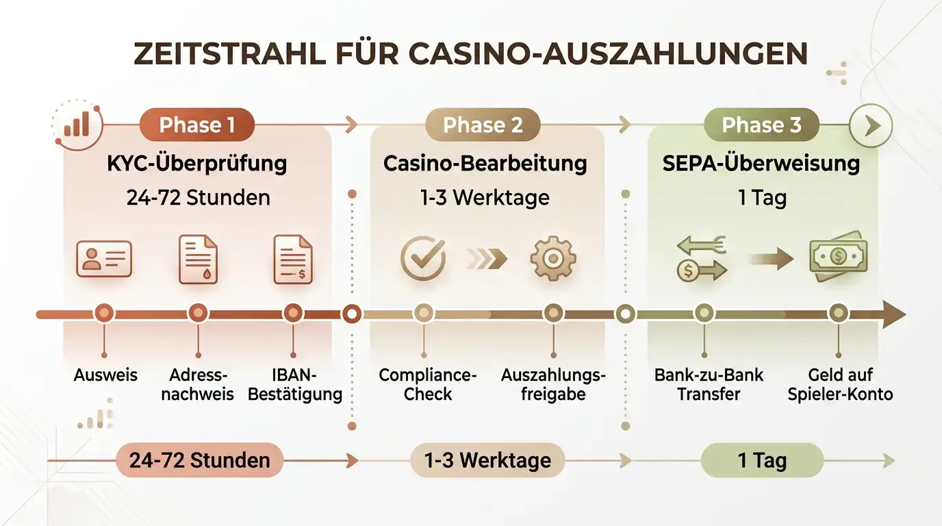 Timeline-Infografik visualisiert Casino-Auszahlungsphasen: KYC-Verifizierung (24-72h), Casino-Bearbeitung (1-3 Werktage) und SEPA-Übertragung (1 Tag) mit farbkodierten Zeitbereichen
