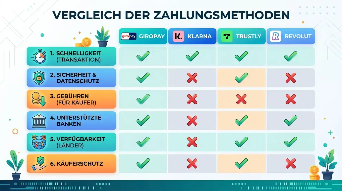Vergleich von Zahlungsmethoden im deutschen Casino mit Haken und Kreuzen für Giropay, Klarna, Trustly und Revolut