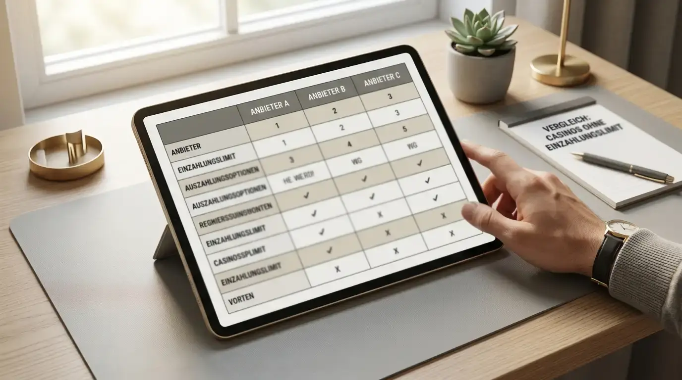 Vergleichstabelle mehrerer Casinos ohne Einzahlungslimit mit Malta- und Curaçao-Lizenzen auf einem Bildschirm
