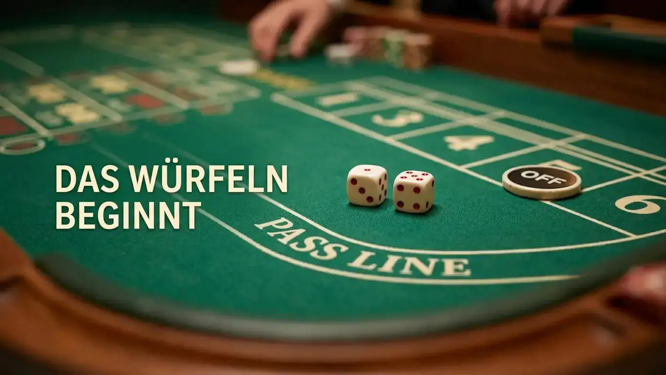 Nahaufnahme eines Craps-Tisches mit zwei Würfeln, Puck-Marker und beschriftetem Wettfeld