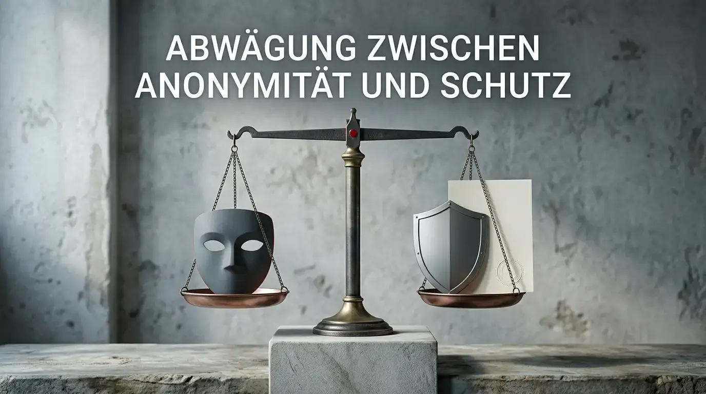 Ausgeglichene Waage mit Anonymität auf der einen und fehlendem Rechtsschutz auf der anderen Seite, im Hintergrund ein Lizenzsiegel