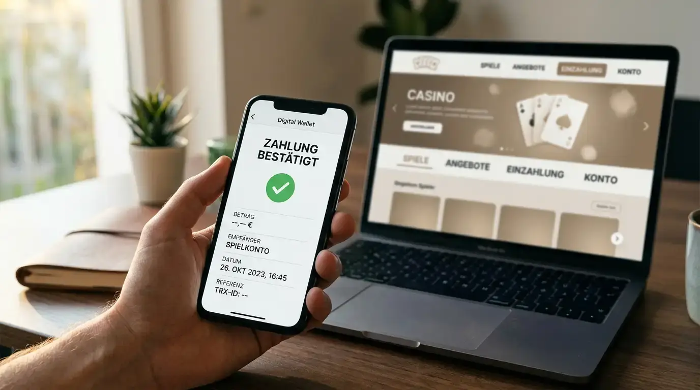 Elektronische Geldbörse auf dem Smartphone, Einzahlung in ein ausländisches Casino, Laptop im Hintergrund