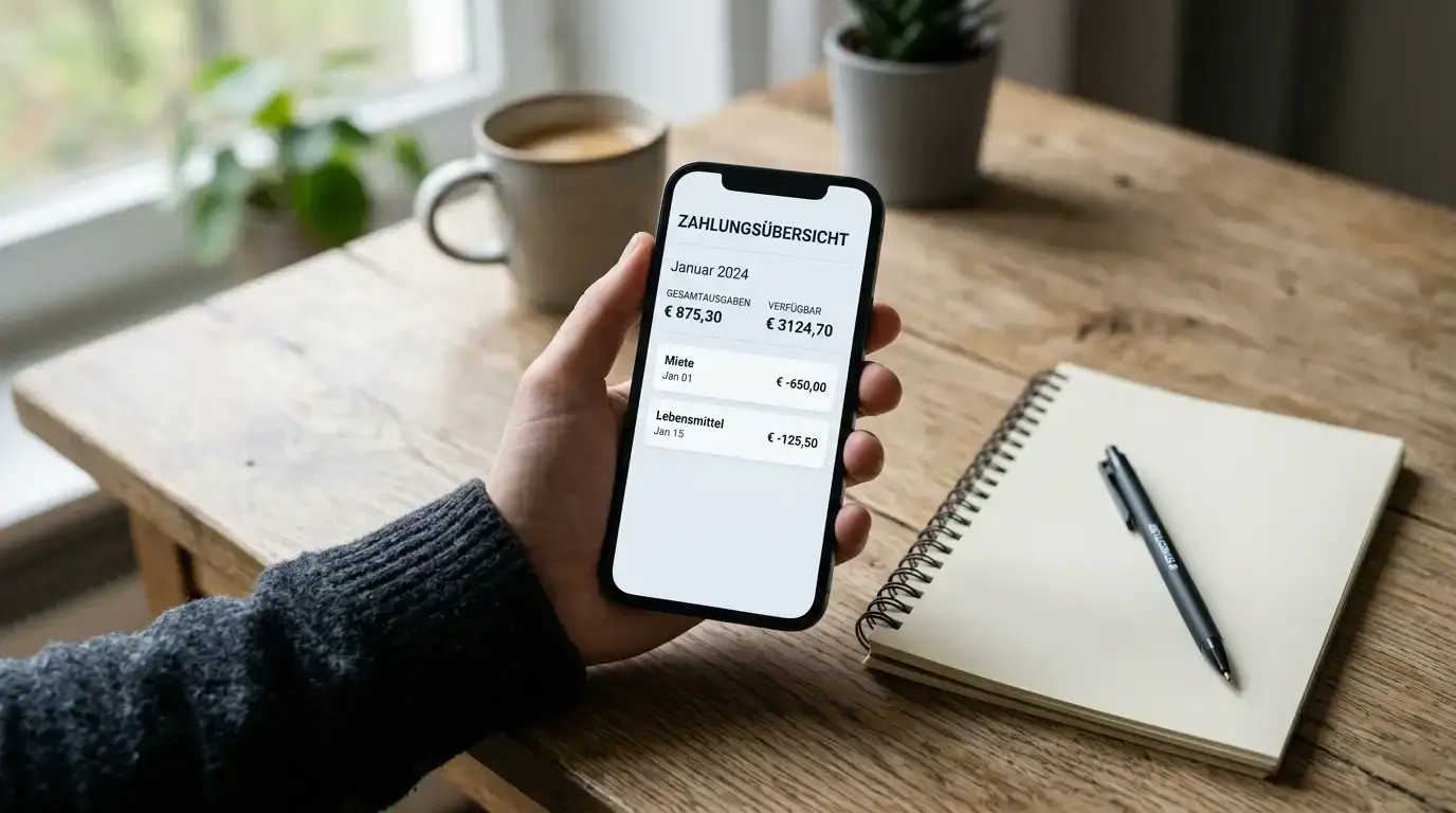 Smartphone mit einer neutralen Zahlungsübersicht neben einem Notizblock