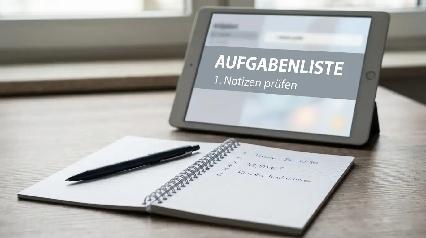 Notizblock mit handschriftlicher Aufstellung kleiner Einzahlungsbeträge neben einem aufgeklappten Tablet