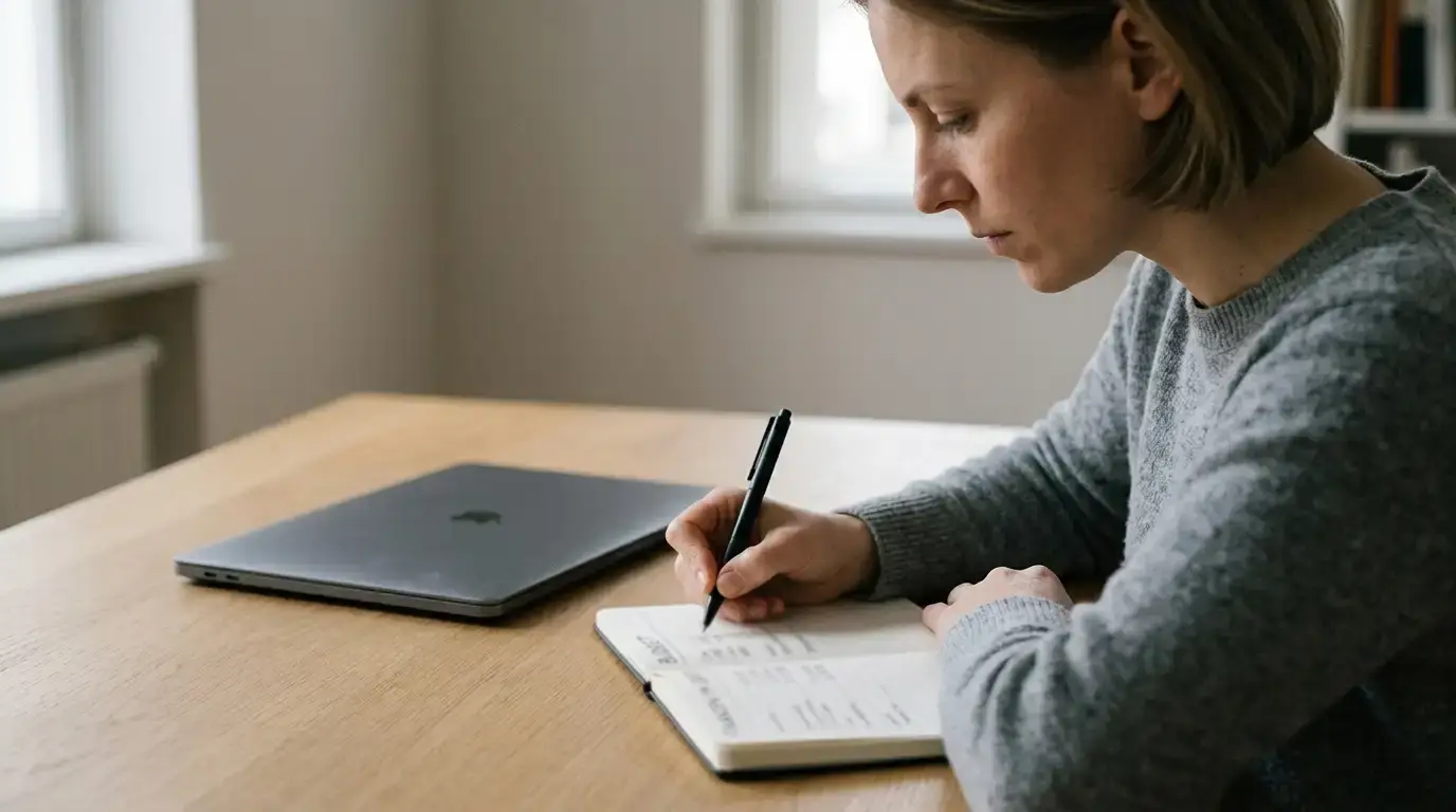 Person notiert Spielbudget mit Stift auf einem Notizblock