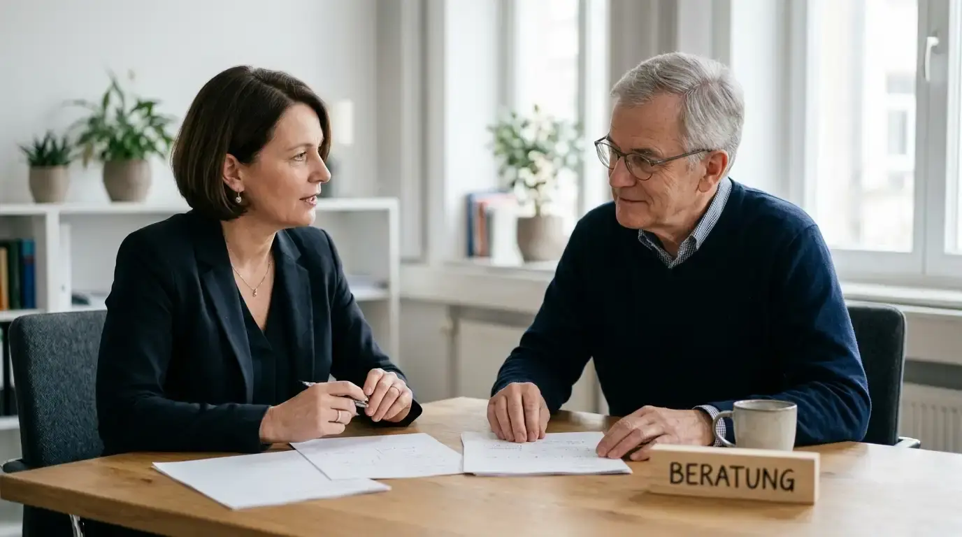 Zwei Personen im ruhigen Beratungsgespräch an einem Tisch mit Unterlagen, sachliche Atmosphäre