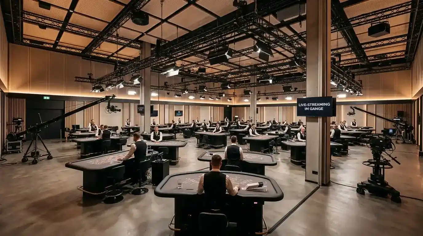 Weitwinkelansicht eines professionellen Casino-Studios mit mehreren Spieltischen