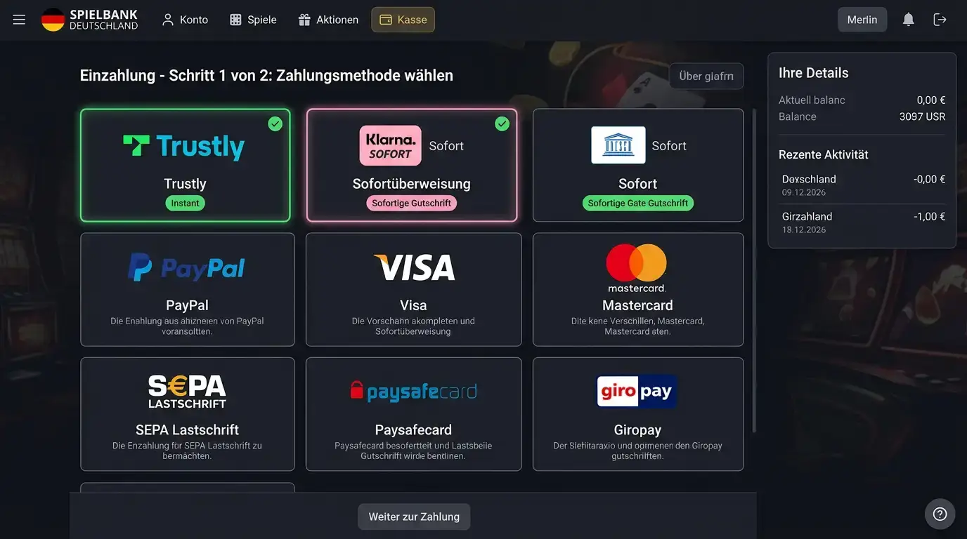 Screenshot eines Casino-Cashiers mit hervorgehobenen Trustly- und Sofortüberweisung-Optionen neben PayPal und SEPA