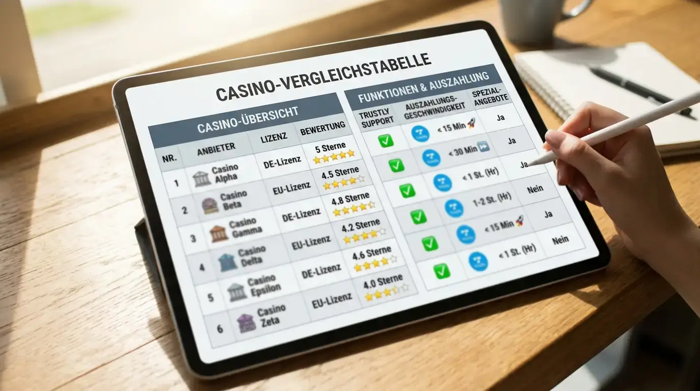 Vergleichstabelle mit sechs Casino-Logos und Trustly-Symbol