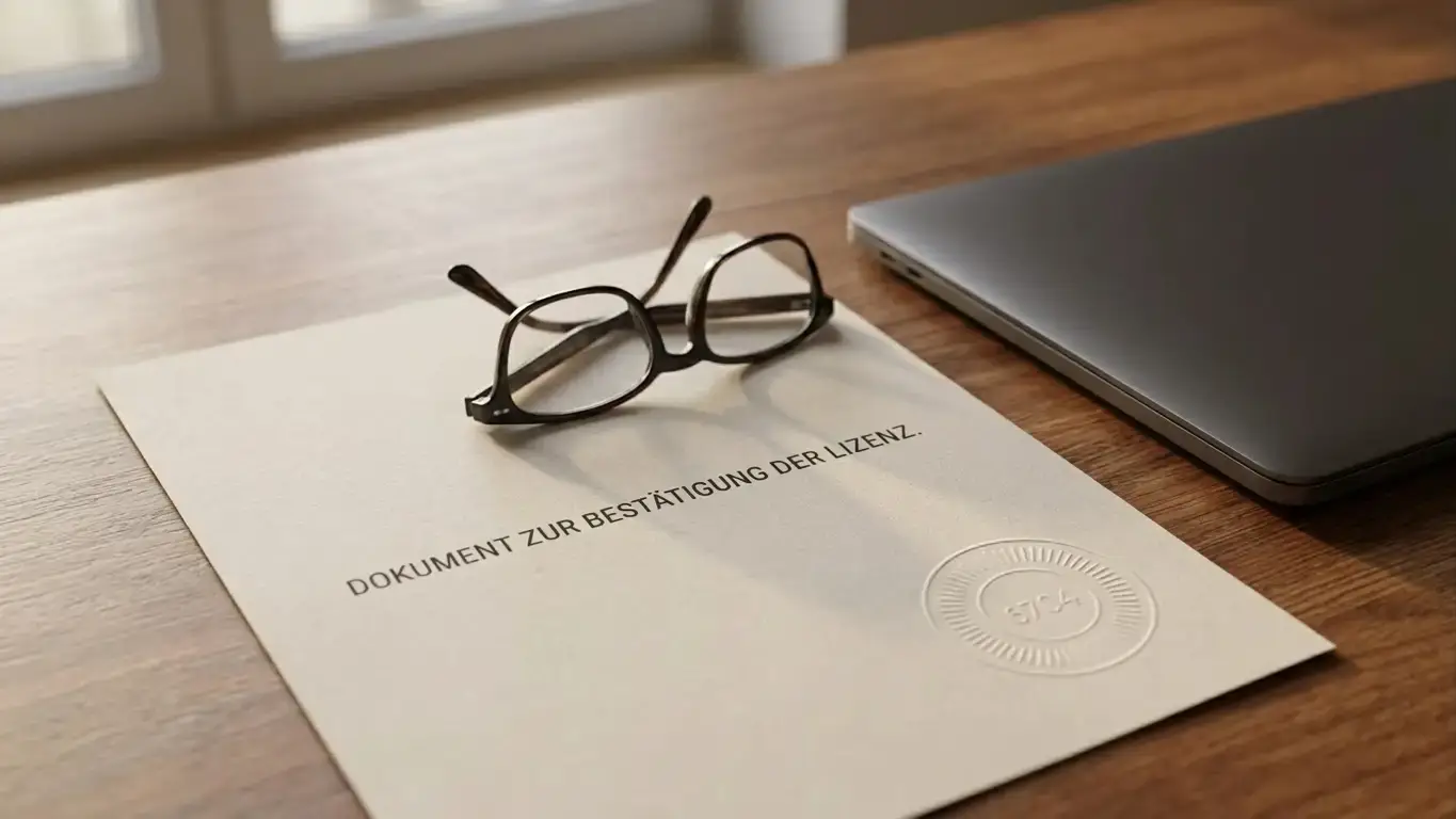 Neutrales Lizenzdokument mit Stempel auf einem Tisch neben einem Laptop