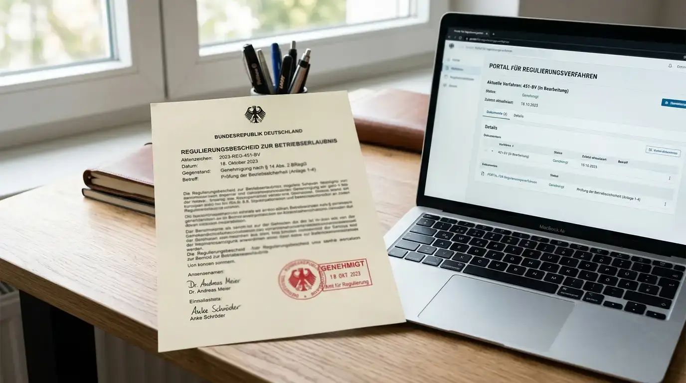 Offizielles deutsches Regulierungsdokument mit Stempel auf Schreibtisch neben Laptop