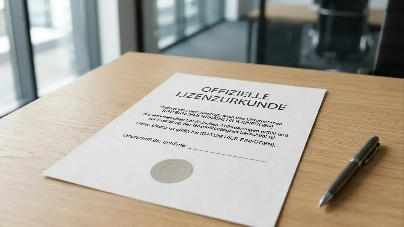 Offizielles Lizenz-Dokument mit Siegel auf Schreibtisch, neutrale Gestaltung ohne erkennbare Logos, professionelle Büroumgebung