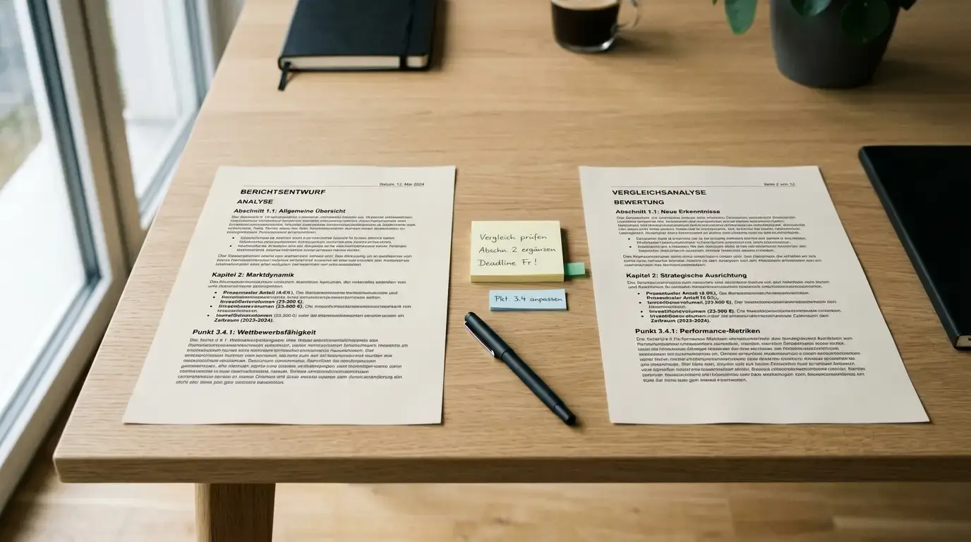 Übersichtlich sortierte neutrale Dokumente und Notizzettel auf einer sauberen Arbeitsfläche ohne Aufdrucke