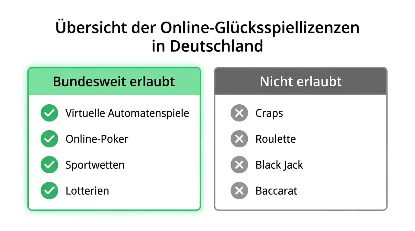 Schaubild der bundesweit erlaubten und nicht erlaubten Online-Glücksspielarten unter der GGL