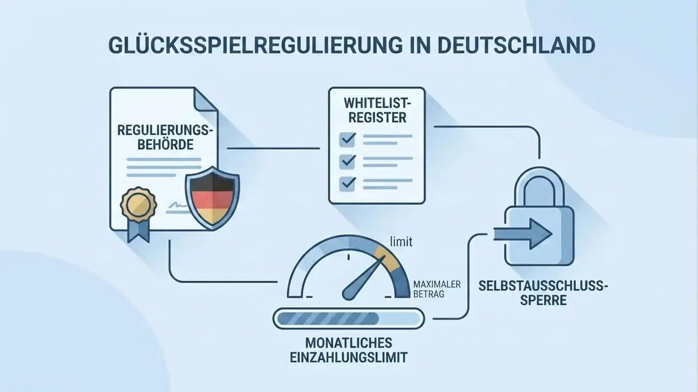 Symbolische Darstellung der deutschen Glücksspielregulierung mit Whitelist, Einzahlungslimit und Sperrsystem