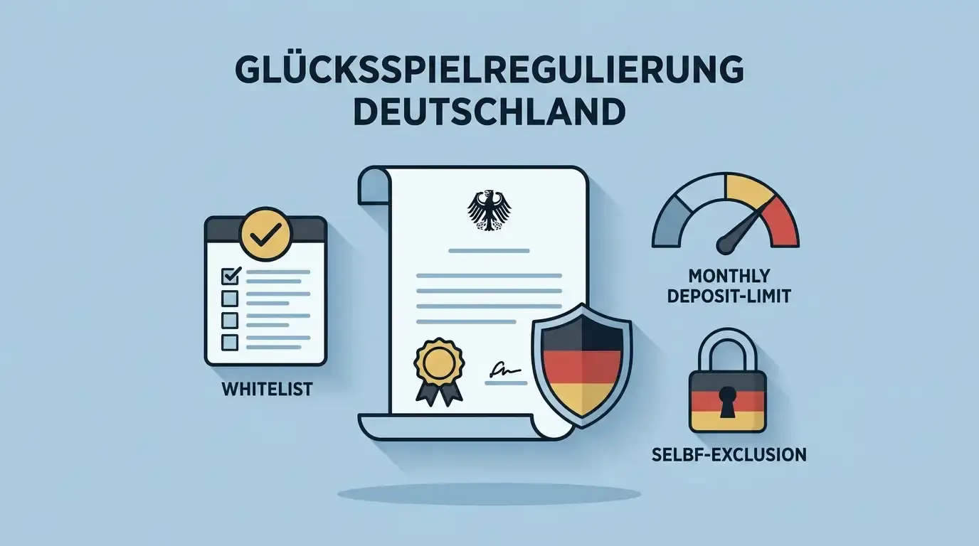 Symbolische Darstellung der deutschen Glücksspielregulierung mit Whitelist, Einzahlungslimit und Sperrsystem
