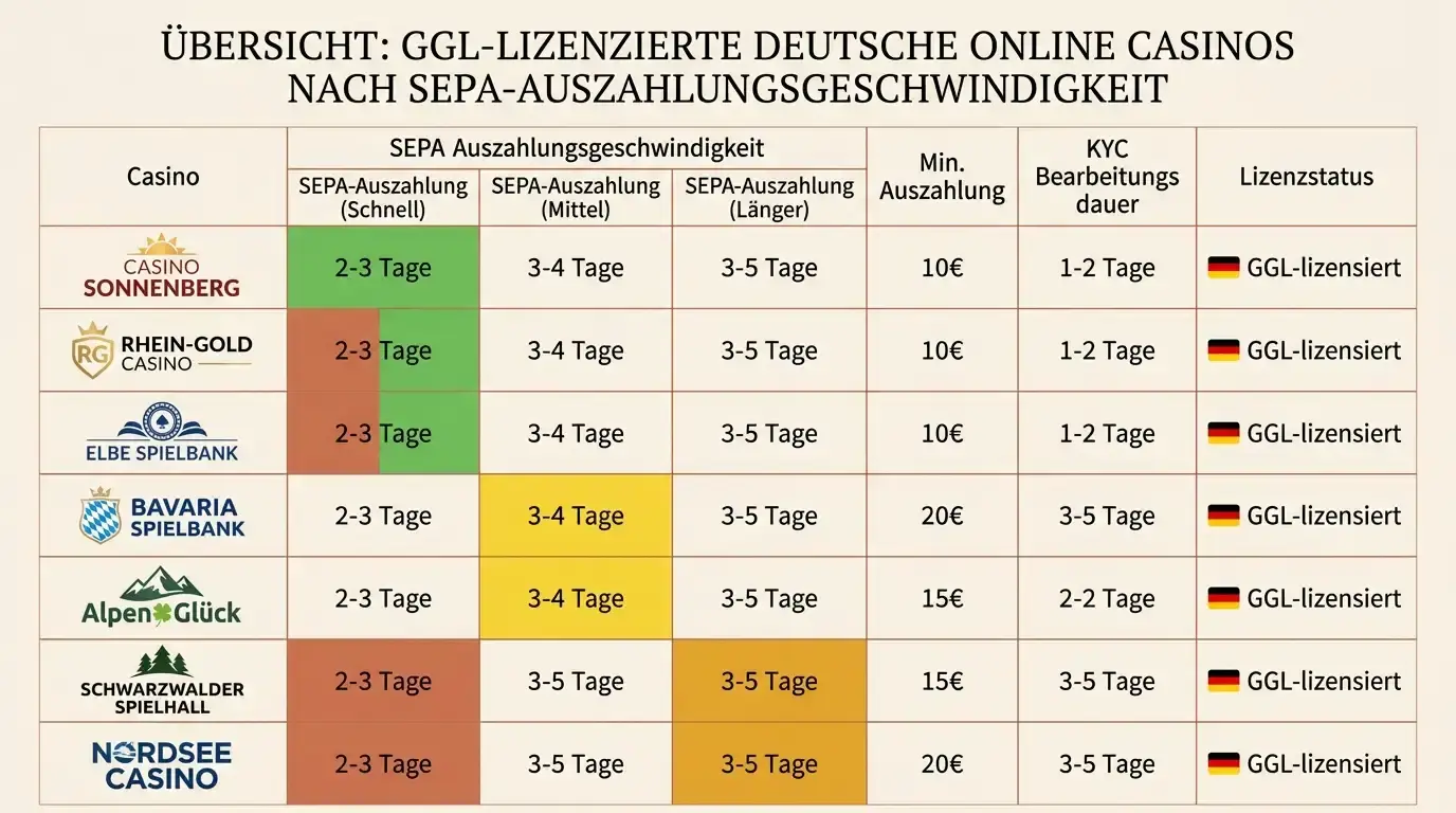 Professionelle Vergleichstabelle zeigt 7 deutsche GGL-lizenzierte Online-Casinos sortiert nach SEPA-Auszahlungsgeschwindigkeit mit Casino-Logos, Bearbeitungszeiten und Mindestauszahlungsbeträgen