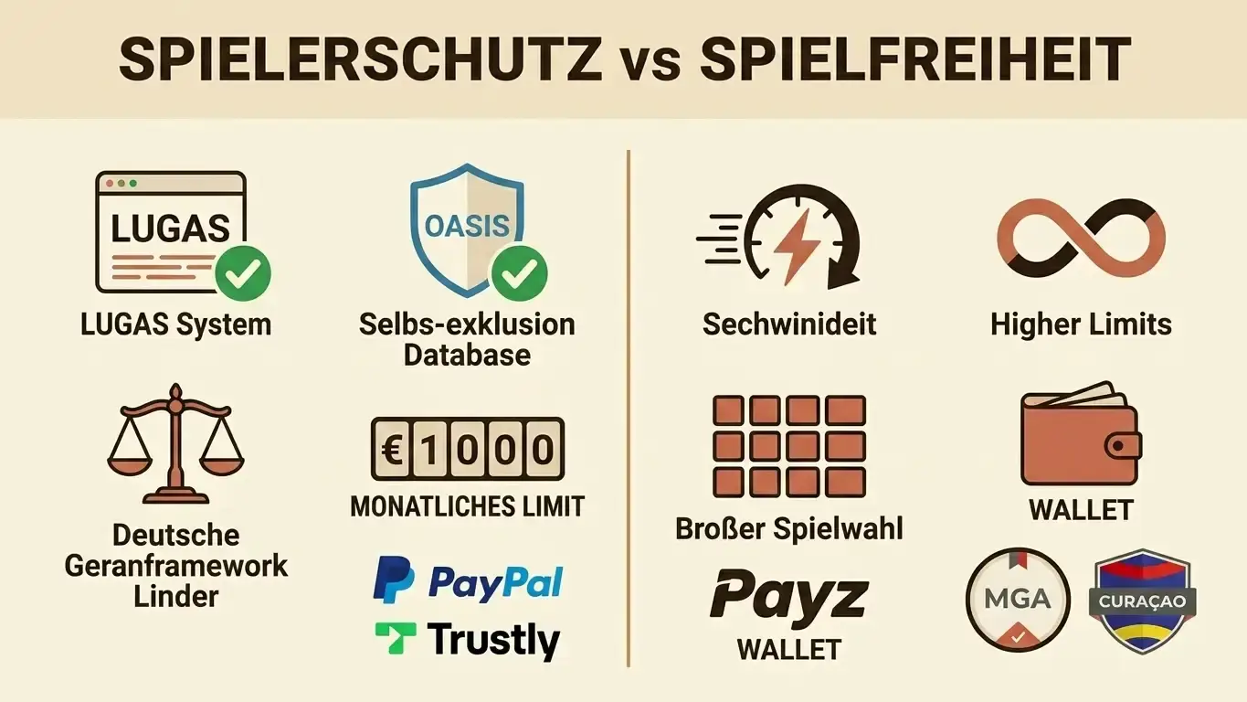 Entscheidungsmatrix GGL-Casino versus Offshore-Casino, zwei Spalten mit Pro-Contra-Liste, GGL-Seite zeigt Spielerschutz-Icons LUGAS und OASIS mit grünen Checkmarks, rechtliche Sicherheit, Offshore-Seite zeigt Geschwindigkeits-Icon, höhere Limits, mehr Spielauswahl, Payz-Logo, warme Terrakotta-Akzente auf Schlüsselpunkten, professionelle Vergleichsvisualisierung mit deutschen Labels