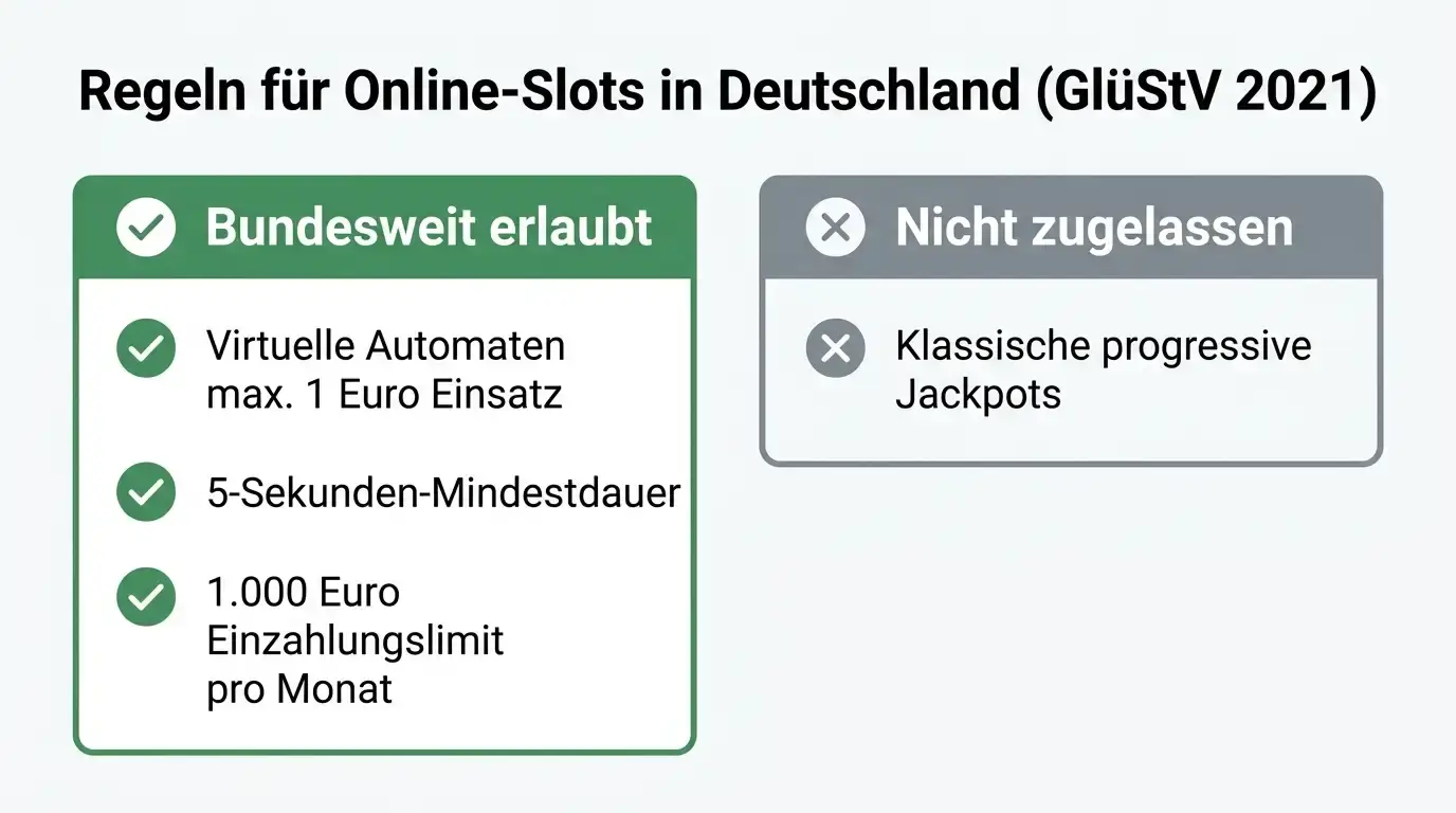Schaubild der unter GGL erlaubten Slot-Regeln gegenüber dem Verbot klassischer progressiver Jackpots
