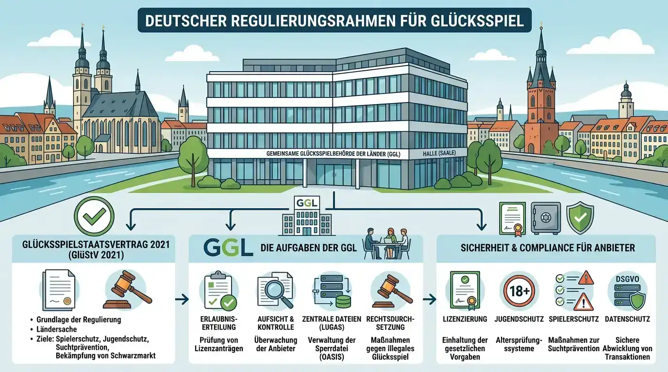 Illustration der deutschen Glücksspielaufsicht mit Behördengebäude in Halle und amtlichen Dokumenten