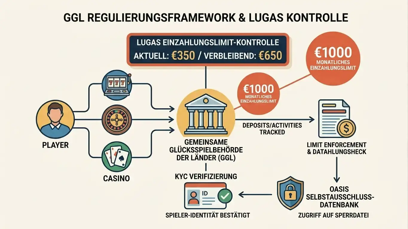 Konzeptdiagramm zeigt deutsches GGL-Regulierungsframework mit zentralem LUGAS-System, das Einzahlungen über mehrere Casino-Plattformen trackt, €1000-Monatslimit und OASIS-Selbstsperrdatenbank
