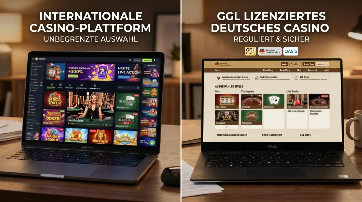 Zwei Casino-Oberflächen im direkten Vergleich auf Laptop und Bildschirm