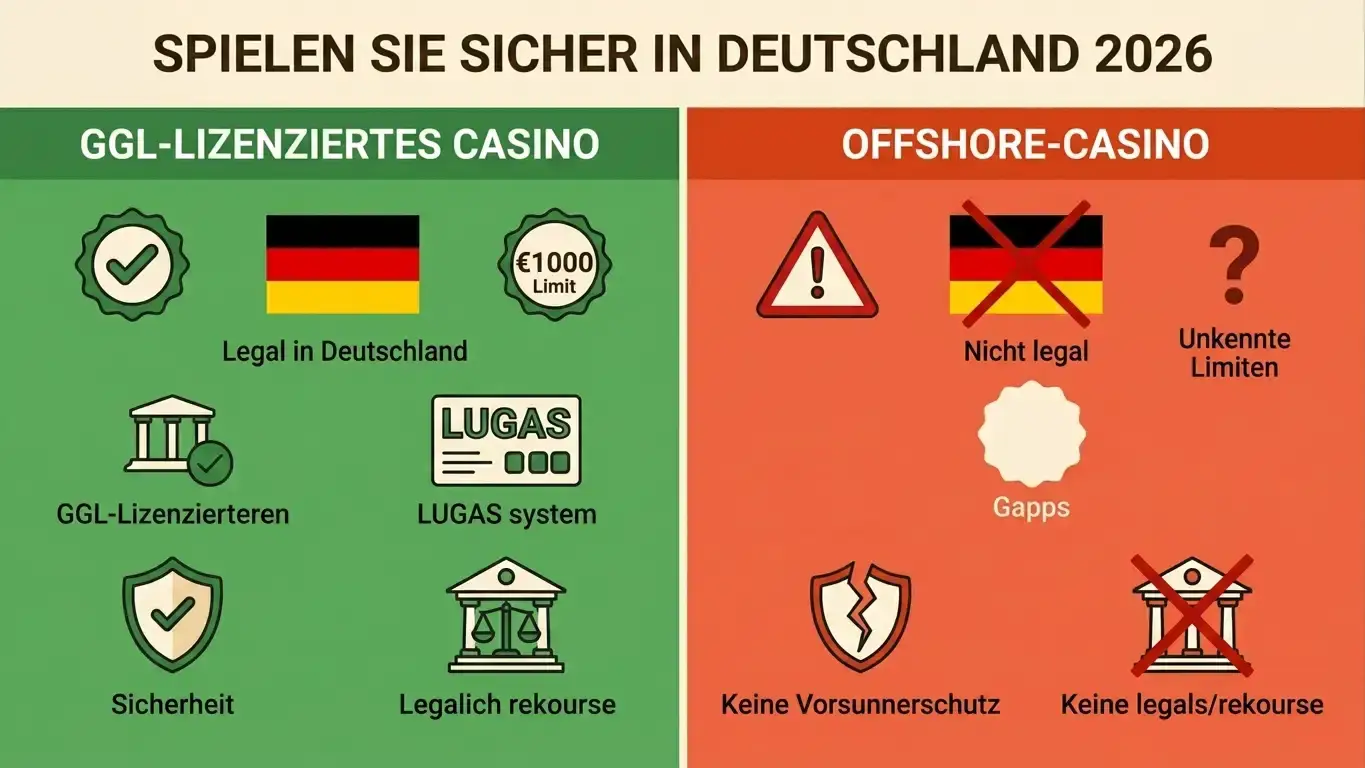 Vergleichsgrafik: GGL-lizenziertes Casino mit grünem Häkchen vs Offshore-Casino mit rotem Warnzeichen — Rechtslage und Risiken