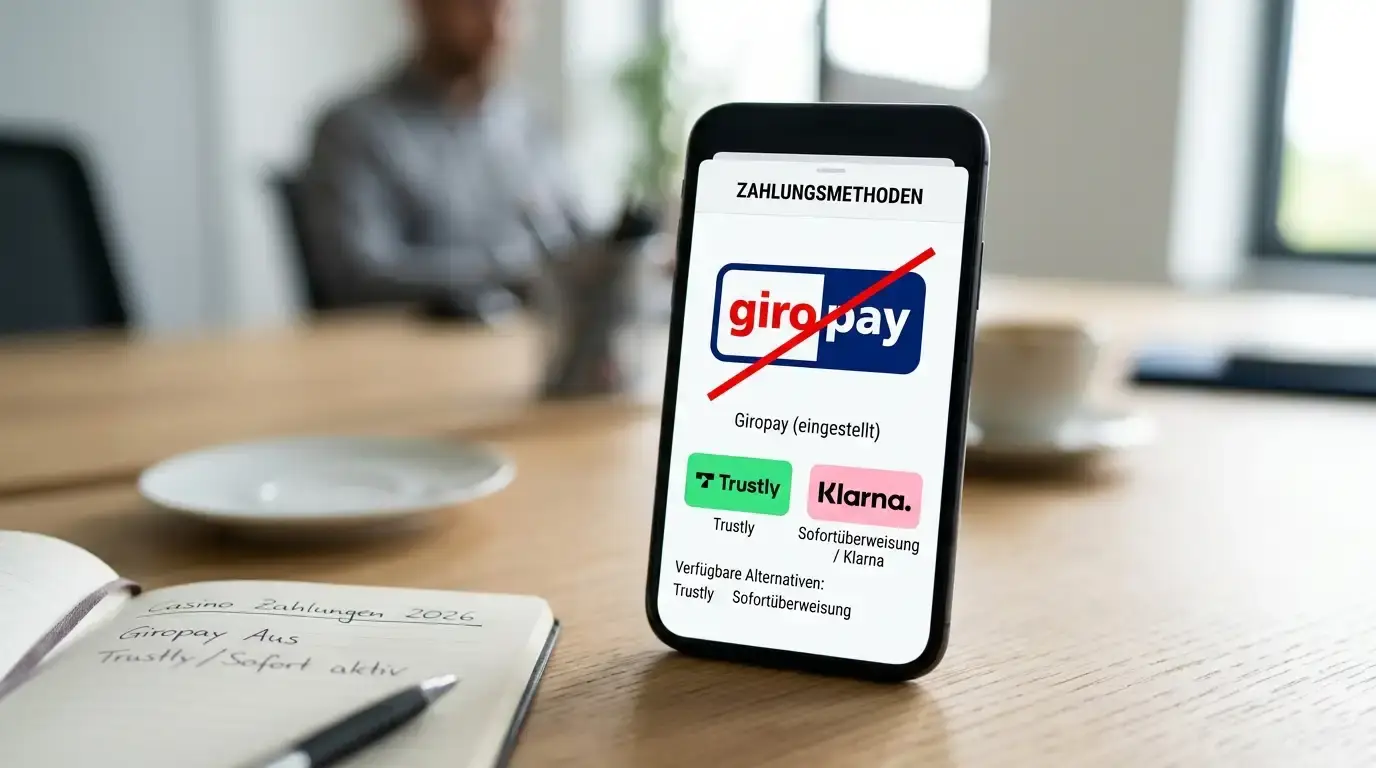 Giropay-Logo auf einem durchgestrichenen Smartphone-Bildschirm neben Trustly- und Sofortüberweisung-Icons — symbolisiert die Ablösung der Zahlungsmethode