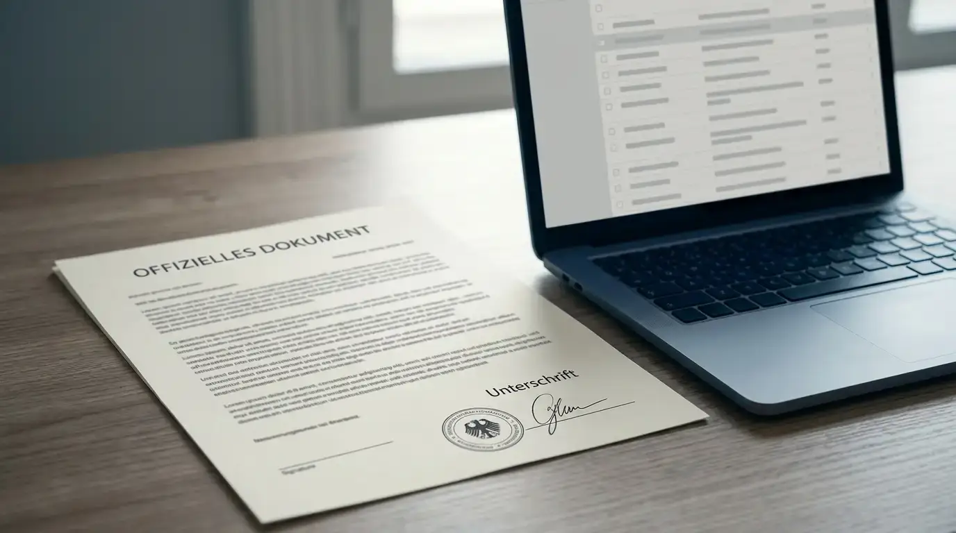 Amtliches deutsches Dokument mit Stempel neben Laptop mit Whitelist-Anzeige der Glücksspielbehörde